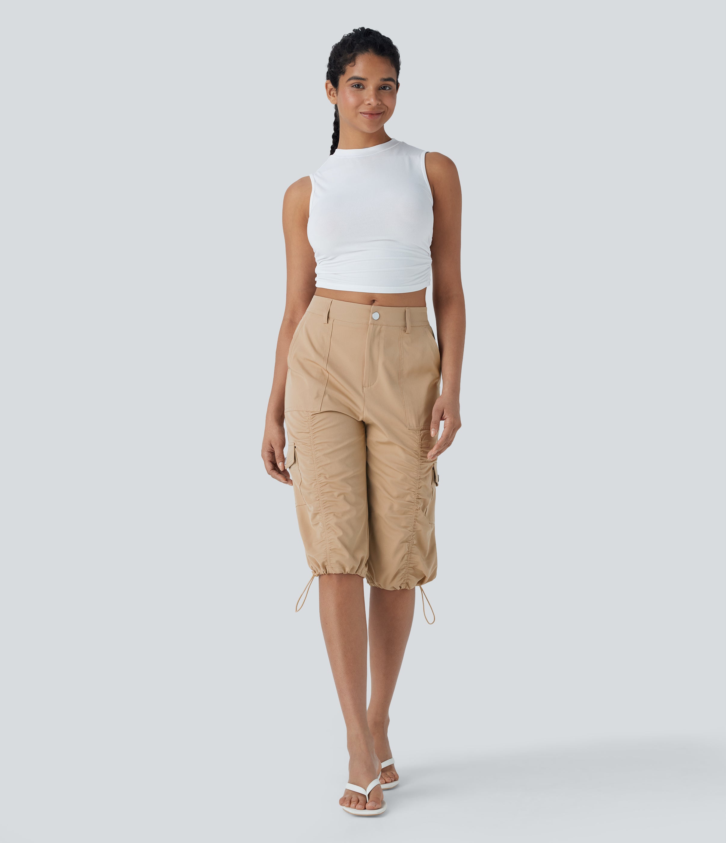 Mid-Rise Ruched Cargo Quick-Dry Casual Pedal Pusher Pants with Pockets