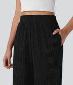 High Waisted Straight Leg Crinkle Casual Pants with Pockets