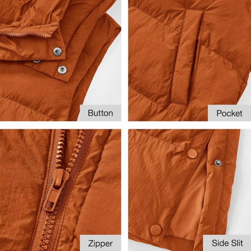 Women's Long Puffer Vest with Quilted Hood & Button Down Closure