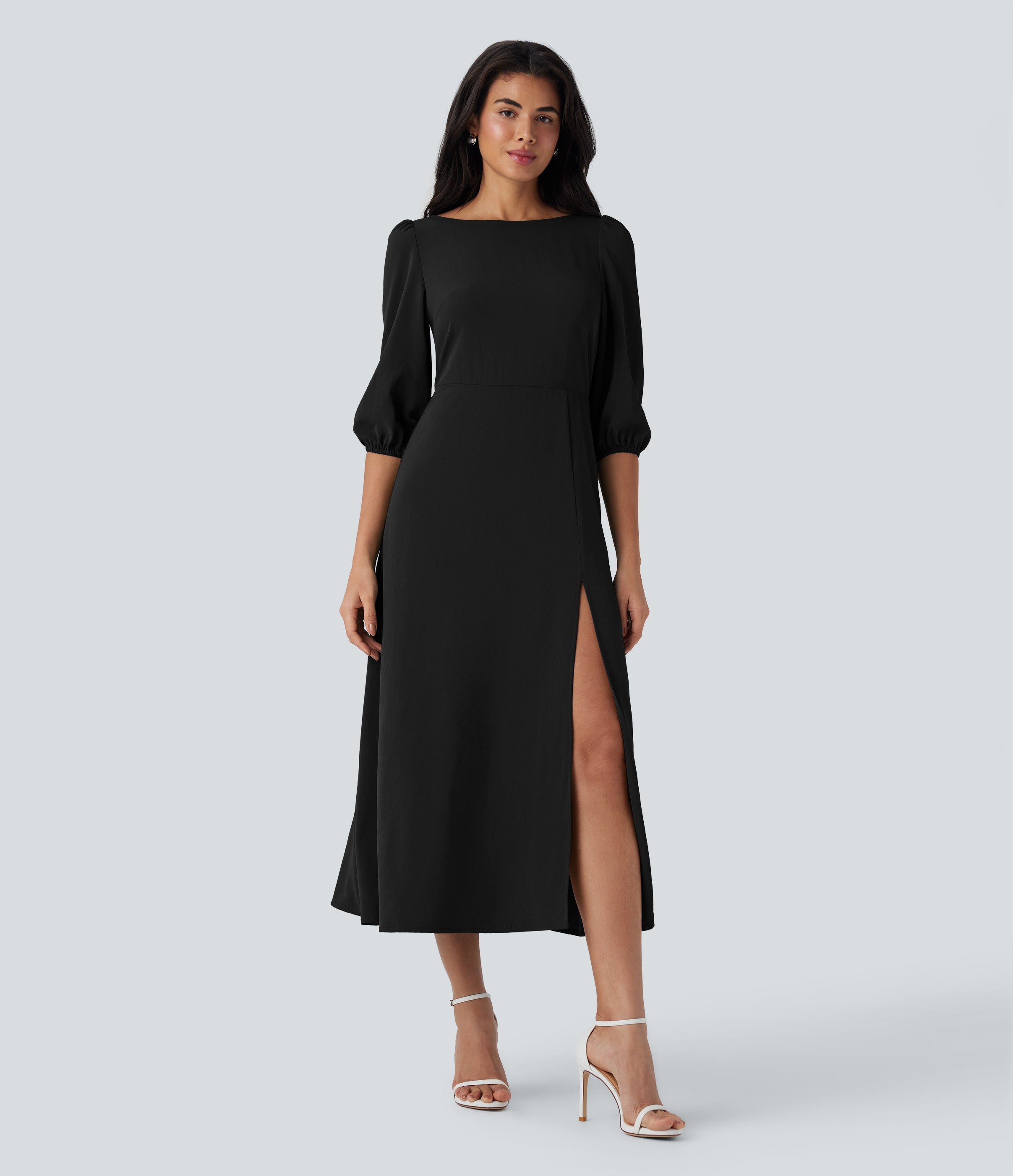 Tie Back Zipper Puff Sleeve Dress