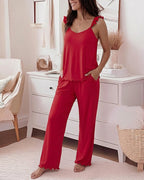Women's 2 Piece Pajama Set Frill Trim Camisole Top and Wide Leg Pants Lounge Set Soft Sleepwear Outfits with Pockets