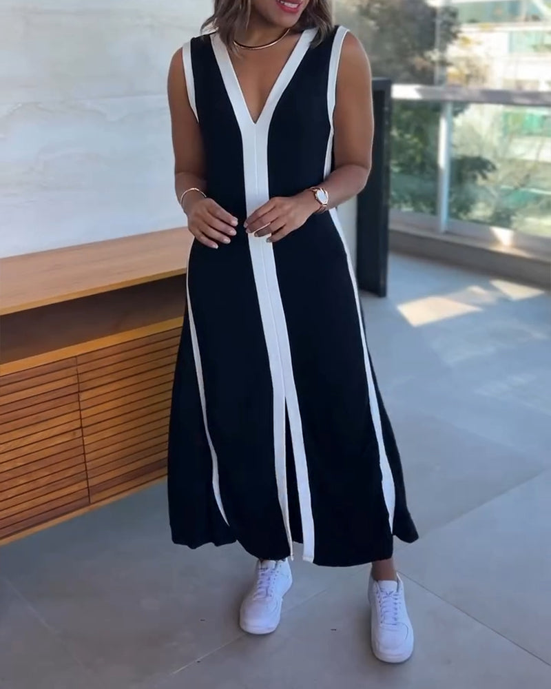 Colorblock Spliced Deep V-Neck Sleeveless Slit Front Dress Casual Loose Fit A Line Dress