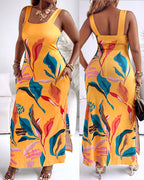 Plants Placement Print Square Neck Thick Strap Side Slit Maxi Dress Casual Vacation Dress with Pockets