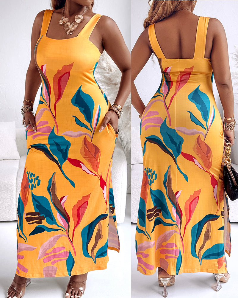 Plants Placement Print Square Neck Thick Strap Side Slit Maxi Dress Casual Vacation Dress with Pockets
