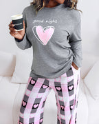 2 Pieces Outfit Good Night Slogan Print Long Sleeve Top and Plaid Print Elastic Waist Pants Set Casual Heart Print Pajamas Set
