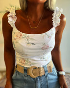 Watercolor Floral Print U-Neck Ruffles Straps Tank Slim Fit Backless Cami Top