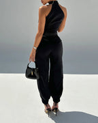 2 Pieces Outfits Sleeveless High Neck Cargo Pockets Design Top And Casual Cuffed Long Pants Set