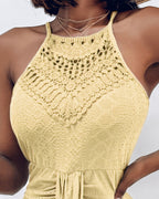 Adjustable Halter Hollow-out Back Ruched Front Slit Dress Guipure Lace Yoke Eyelet Embroidery Vacation Dress