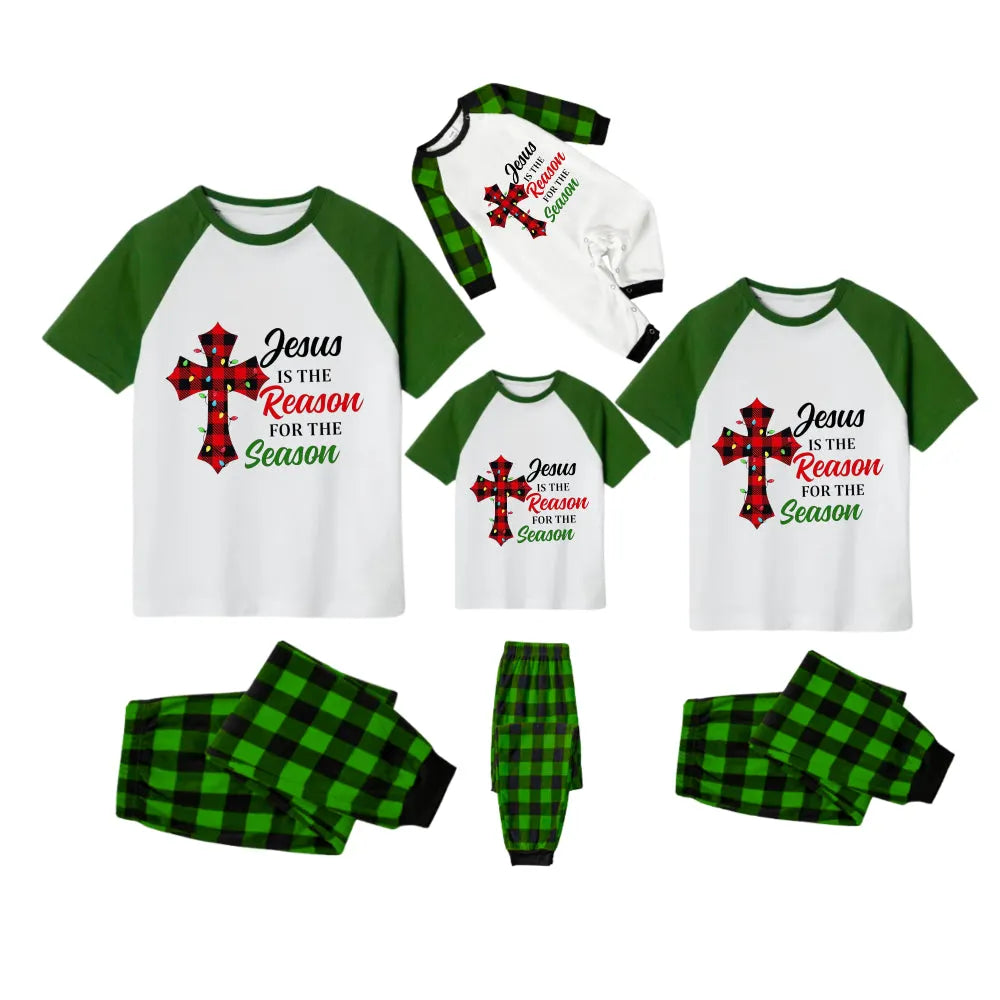 White Top Green Sleeves Green Plaid Pants Pajamas Set With "Jesus Is The Reason For The Season" Slogan Print