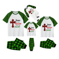 White Top Green Sleeves Green Plaid Pants Pajamas Set With "Jesus Is The Reason For The Season" Slogan Print