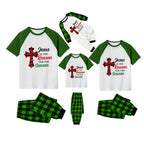 White Top Green Sleeves Green Plaid Pants Pajamas Set With "Jesus Is The Reason For The Season" Slogan Print