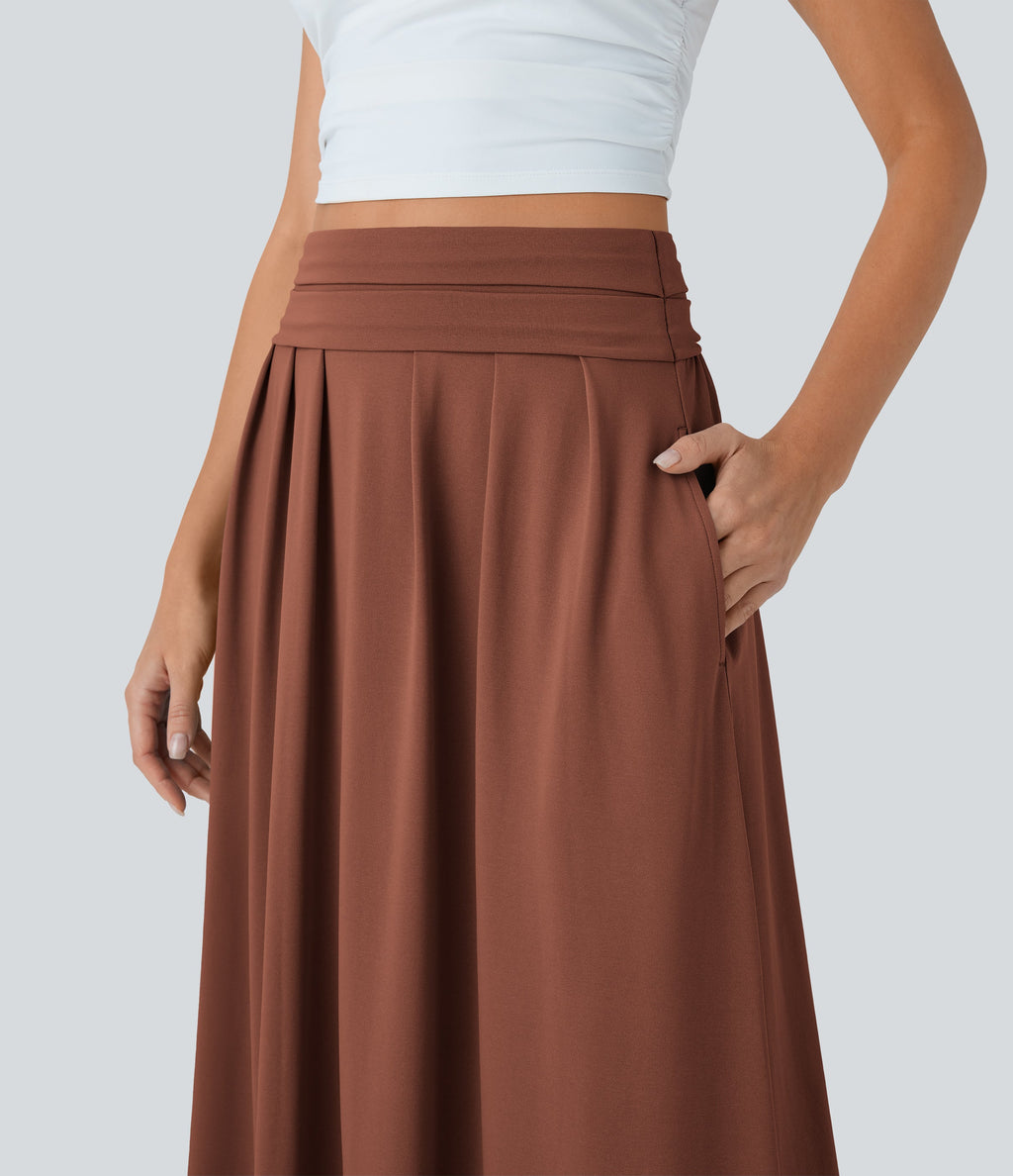 Socinched High Waisted Tummy Control Flare Maxi Casual Skirt with Pockets