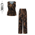 Vintage Brown Maple Leaf Pattern V-Neck Vest Top & Pleated Pants
