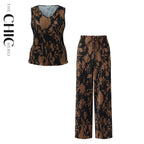 Vintage Brown Maple Leaf Pattern V-Neck Vest Top & Pleated Pants