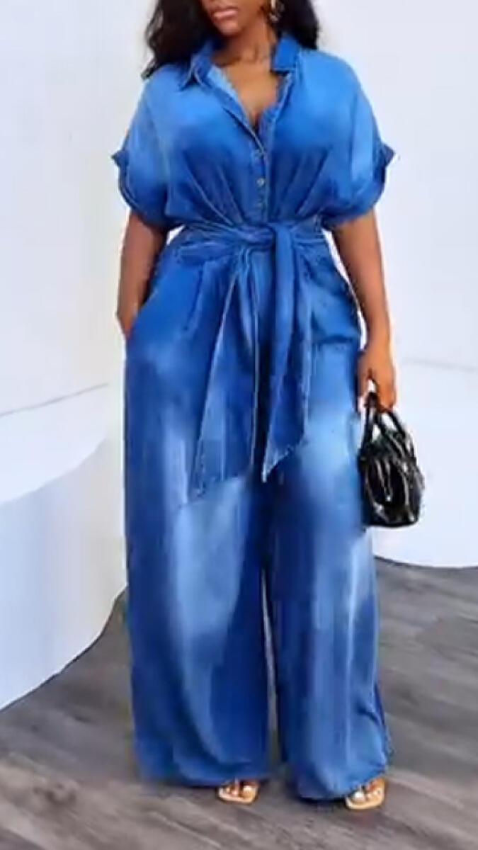 Women Collar Wash Water Temperament Casual Denim Jumpsuit