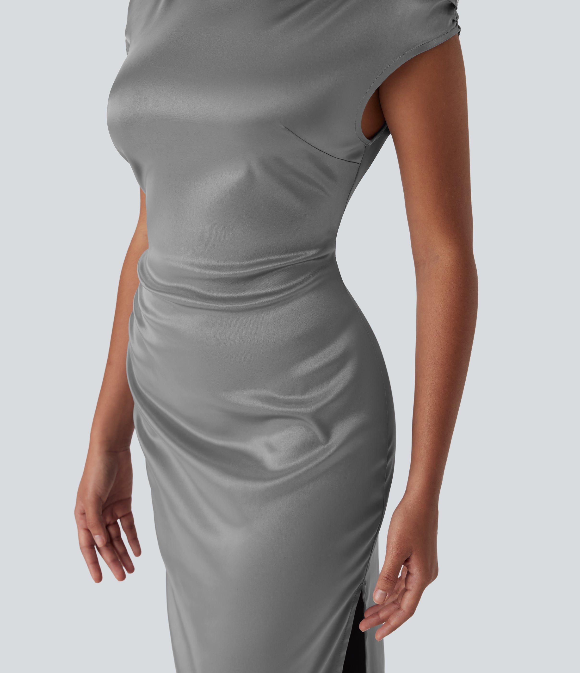 Boat Neck Cap Sleeve Ruched Satin Dress