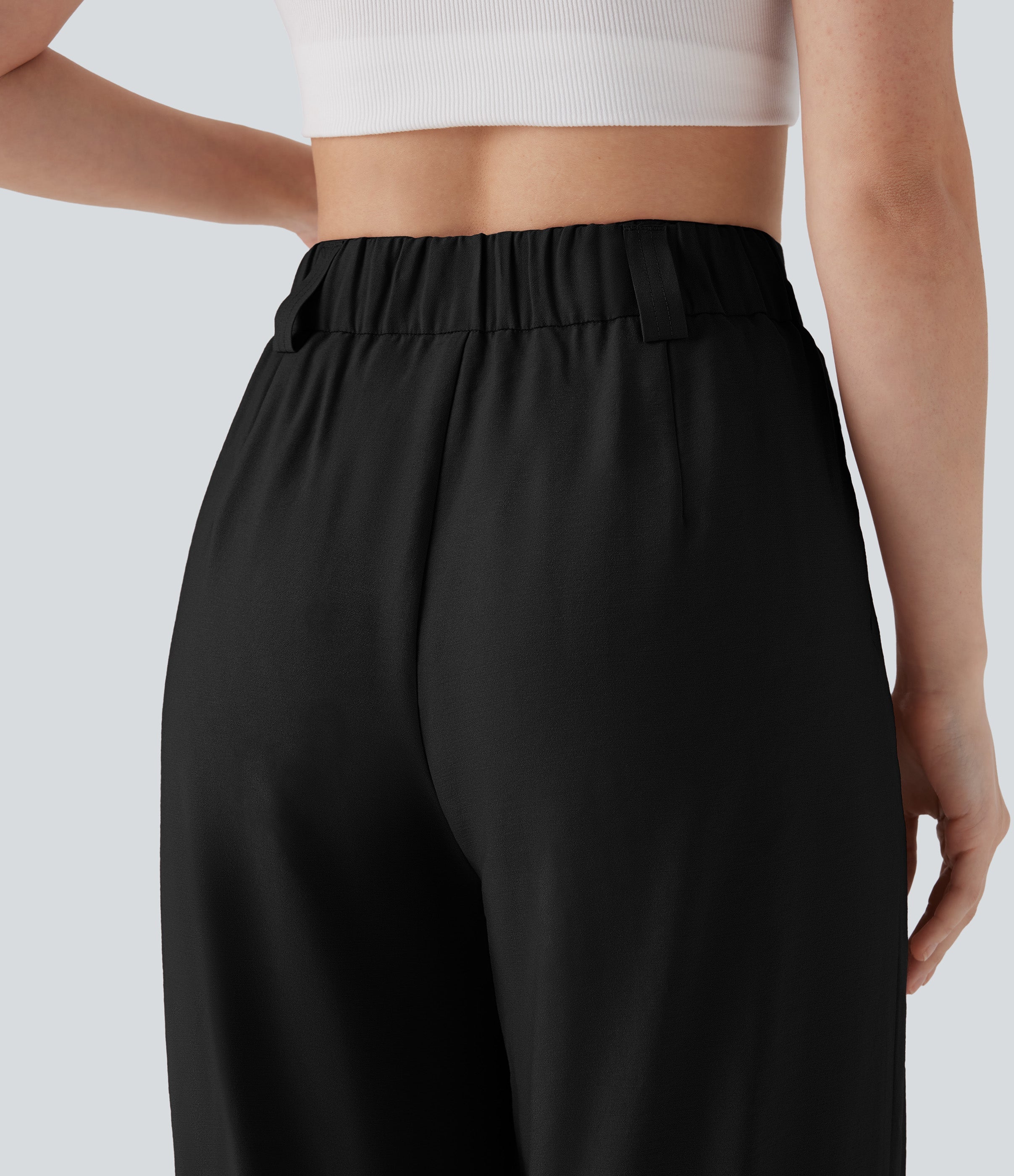 Mid Rise Wide Leg Casual Linen-Feel Pants with Pockets