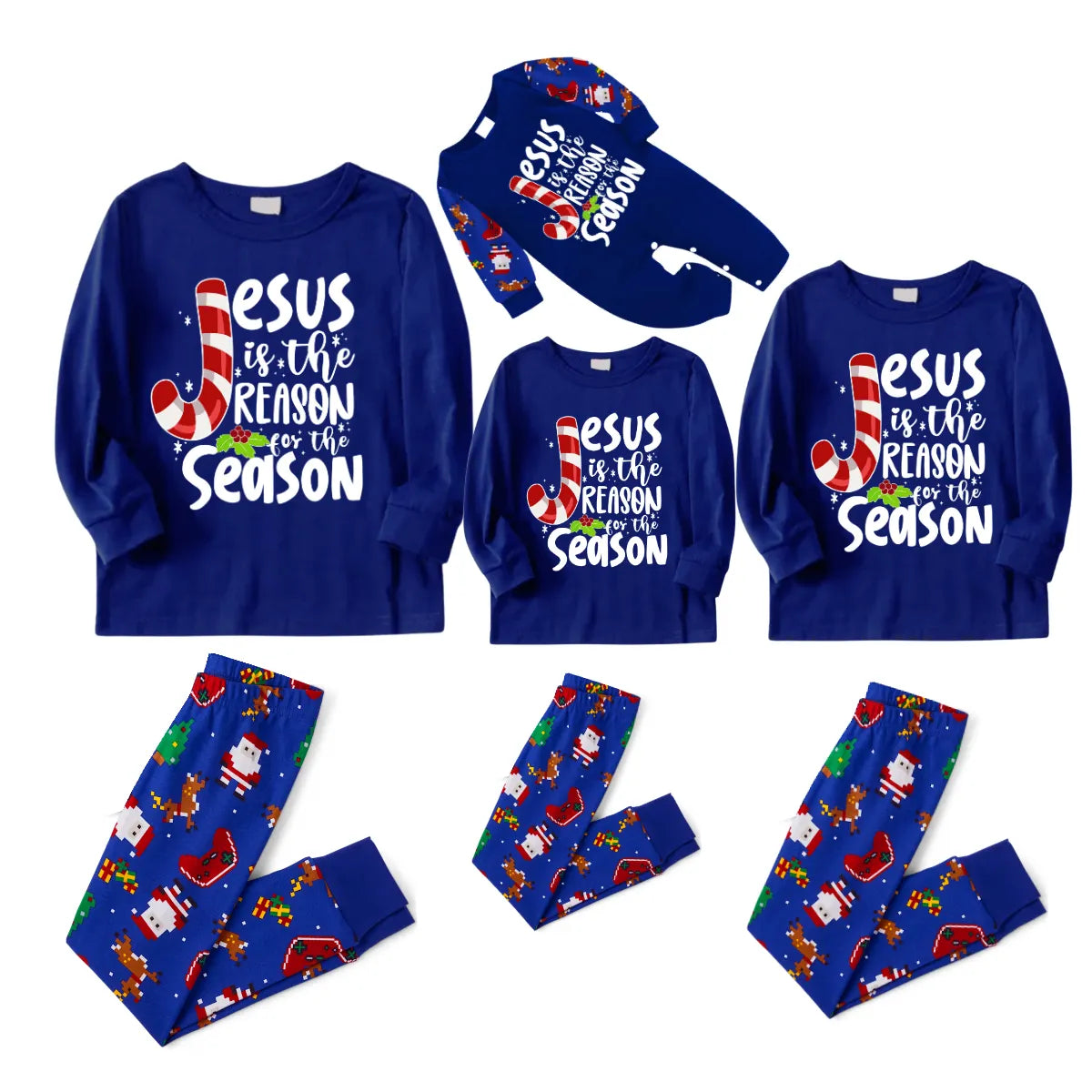 Blue Christmas Pajama Set with Santa, Gingerbread, and Candy Cane Design