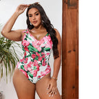 Pink Floral Patterned One-Piece Swimsuit&Skirt