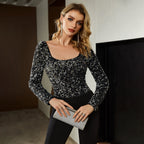 Women’s Sequin Long Sleeve Bodysuit Sparkly Party Clubwear