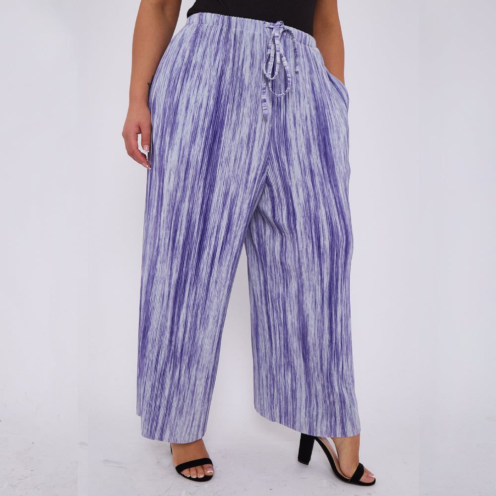 Purple Abstract Geometric Printed Stretchy Pleated Trousers for Women With Pockets