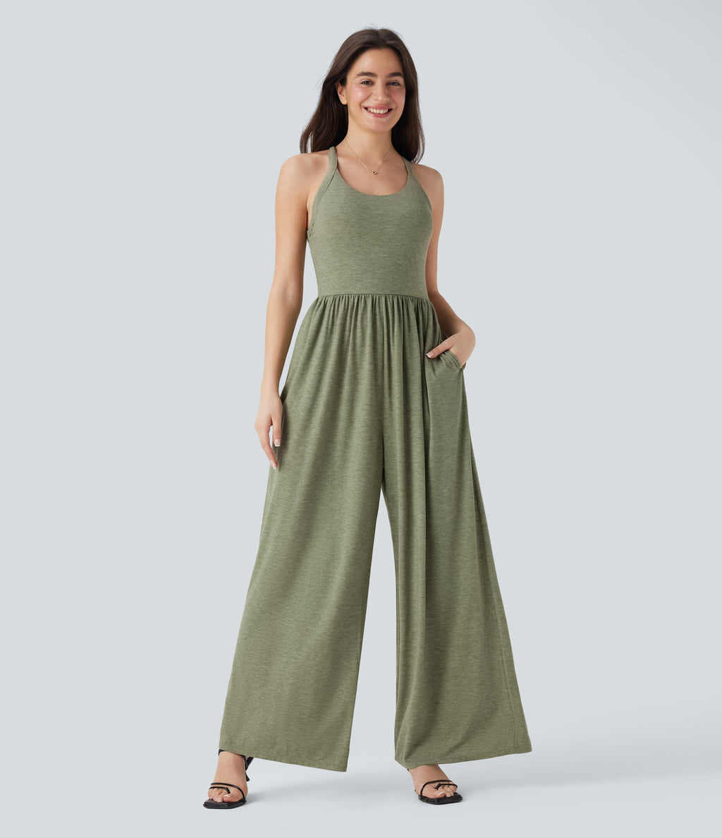 Built-in Bra Wide Leg Casual Jumpsuit with Pockets-Easy Peezy Edition