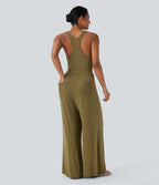 U Neck Racerback Drawstring Casual Jumpsuit with Pockets