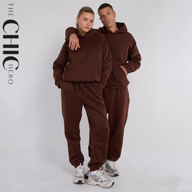 Unisex Brown Minimalist Fleece Hoodie & Jogger Set Neutral Lounge Set
