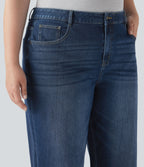 Plus Size FlexTM High Waisted Wide Leg Rolled Hem Washed Stretchy Knit Casual Jeans with Pockets