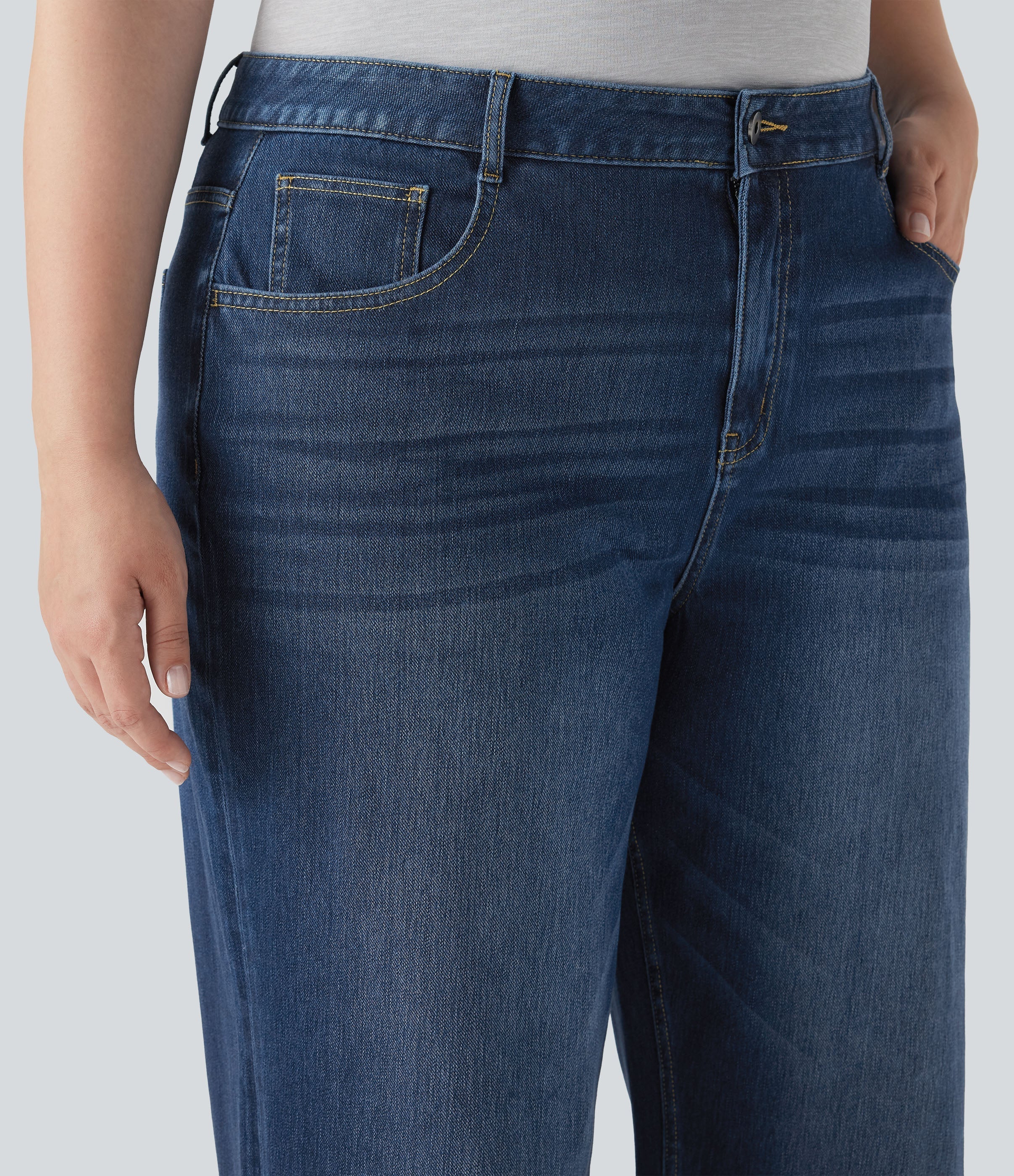 Plus Size FlexTM High Waisted Wide Leg Rolled Hem Washed Stretchy Knit Casual Jeans with Pockets