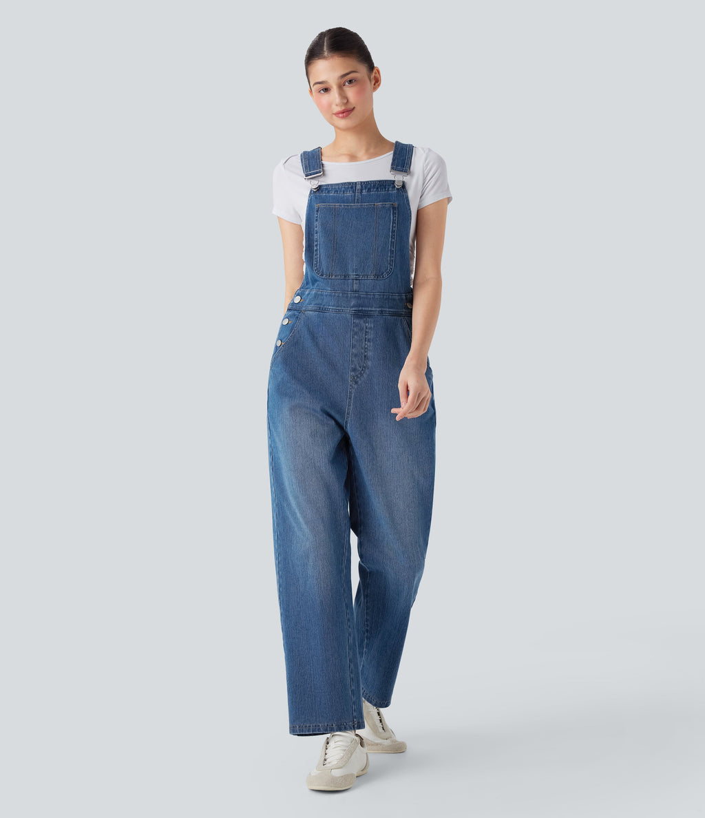 FlexTM Straight Leg Denim Casual Overalls with Pockets