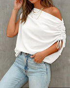 Skew Neck Drawstring Sleeve Loose Fit Casual Top