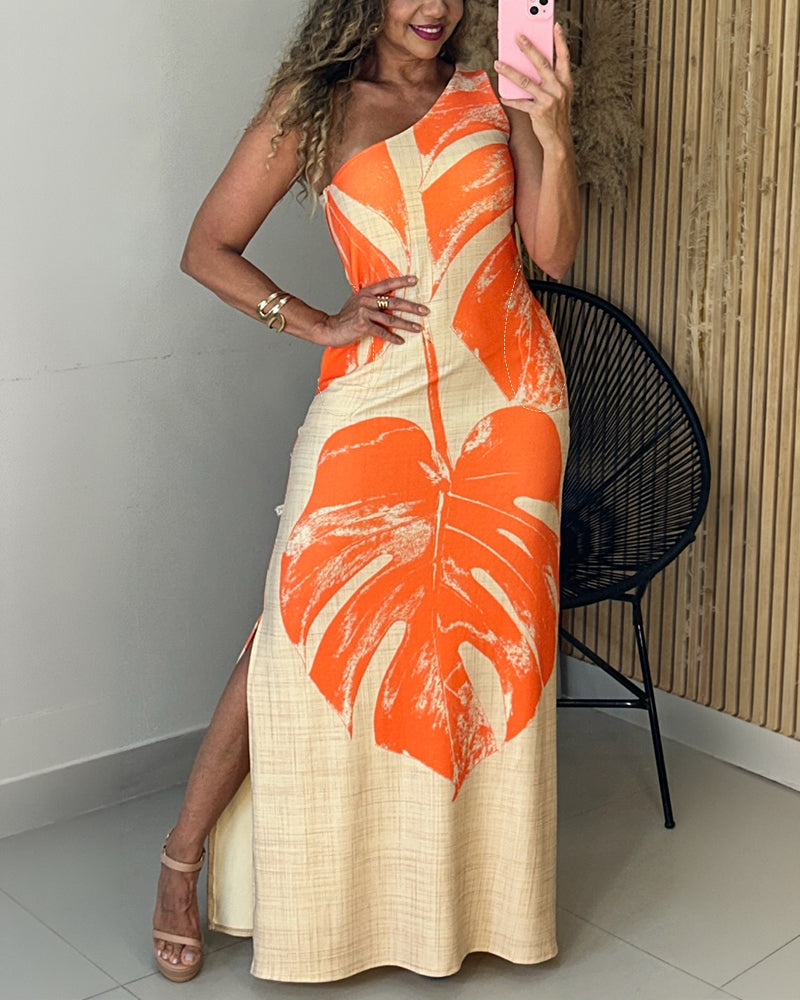 CHICME Women's Tropical Monstera Leaf Print One Shoulder Maxi Dress Side Slit Bodycon Dress with Pockets and Zipper