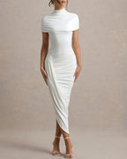 Women's Elegant Mock Neck Bodycon Dress Asymmetrical Ruched Shawl Sleeve Party Dress