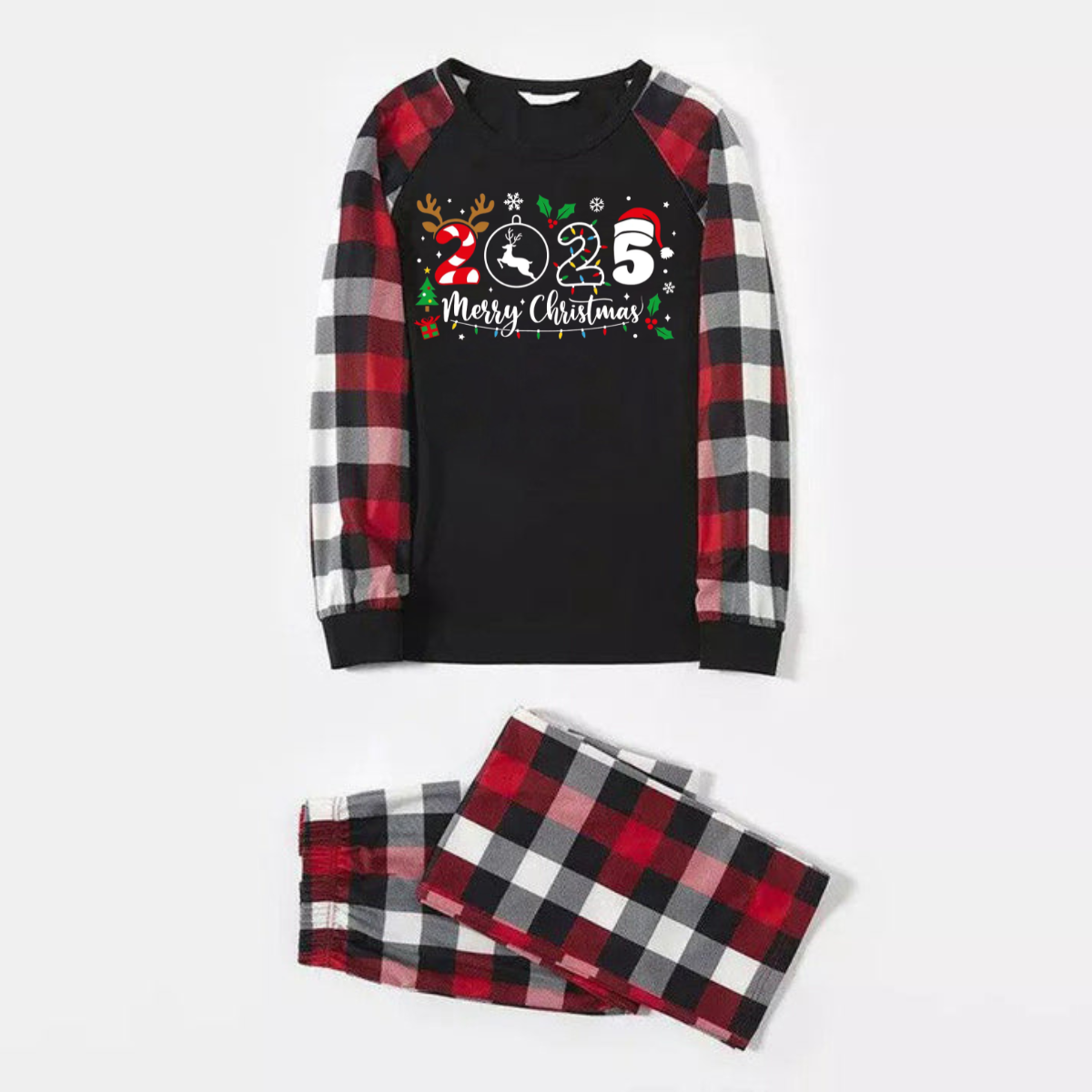 "2025 Merry Christmas" Text Snowflake Printed Pattern - Black Top with Red&Black&White Plaid Sleeves - Family Matching Pajamas