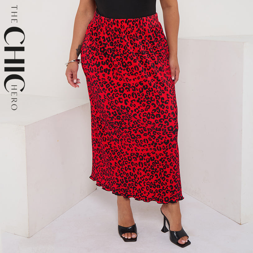 Red Retro Leopard Ripple Pleated Skirt