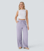 2026🔥 High Waisted Drawstring Pocket Wide Leg Casual Linen-Feel Pants
