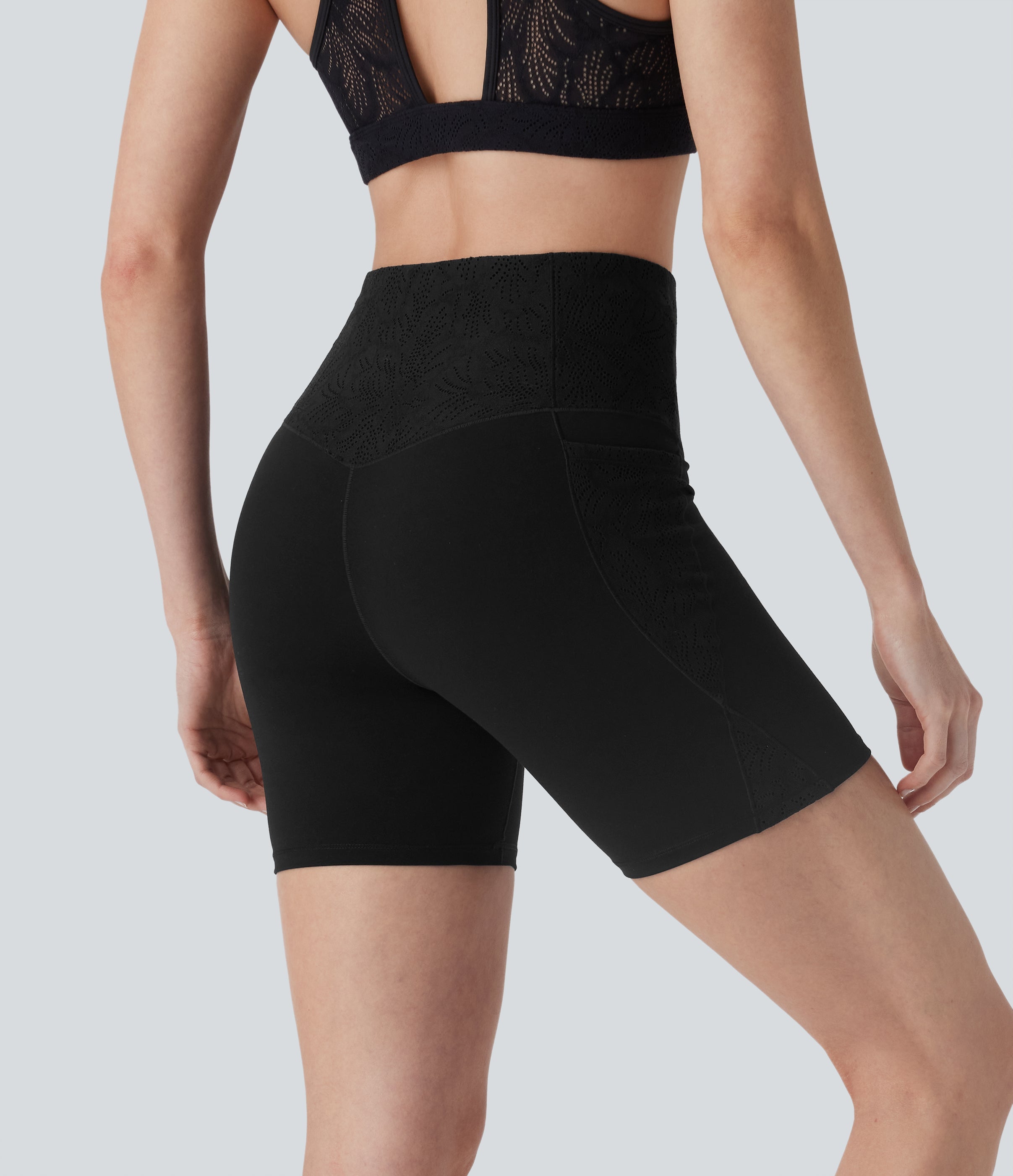 UltraSculptTM SoCinched High Waisted Tummy Control Contrast Lace Training Biker Shorts 5'' with Pockets