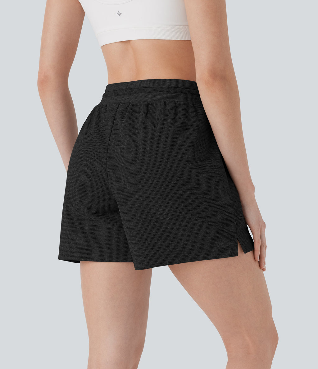 High Waisted Drawstring Waffle Yoga Shorts with Pockets