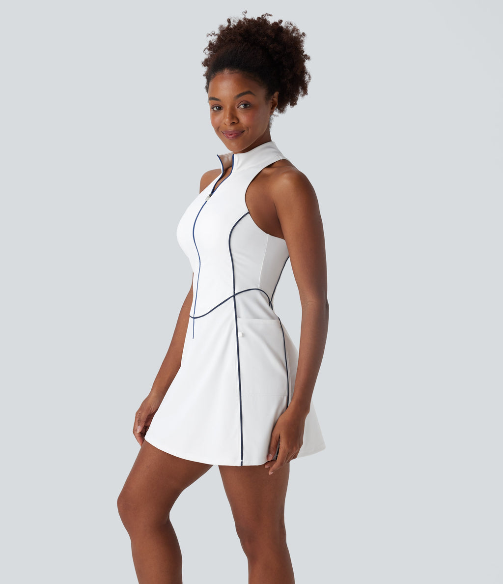 SoftlyZeroTM QuickDry Sleeveless Half Zip Mini Golf Active Dress with Pockets-Golf Tee