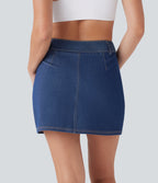 FlexTM High Waisted 2-in-1 Cool Touch Washed Denim Mini Tennis Skirt with Pocket