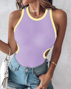 Women's Ribbed Contrast Trim Tank Top Sleeveless Crew Neck Cutout Slim Fit Stretch Casual Top