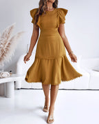 Butterfly Sleeve Hollow-out Back Shirred Dress Casual Cinched Waist Lace Trim Ruffle Hem Commuting Dress