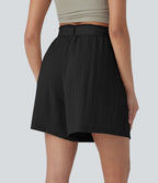 High Waisted Belted Casual Linen-Feel Bermuda Shorts with Pockets