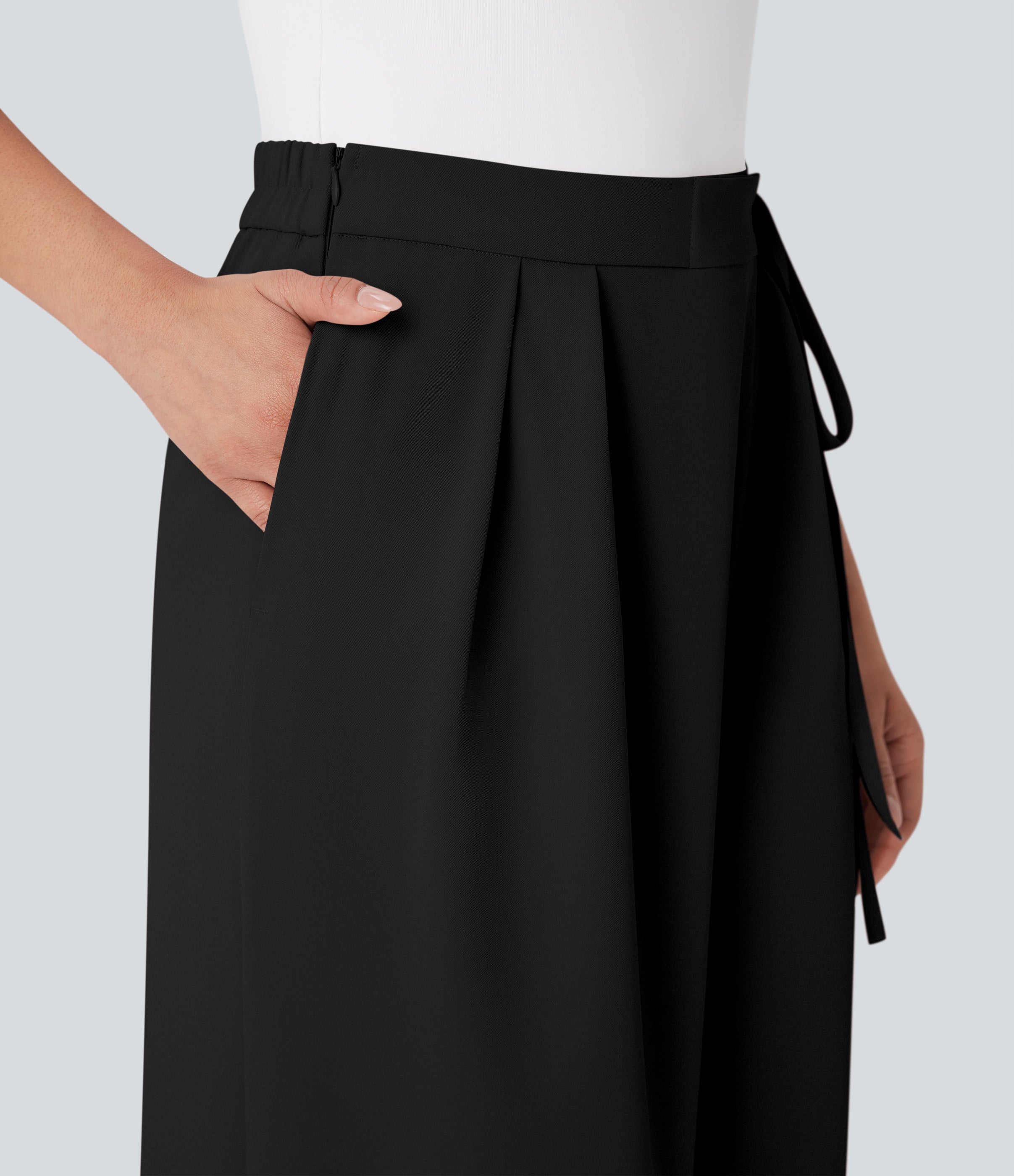High Waisted Tie Side Wide Leg Work Pants with Pockets