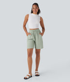 High Waisted Drawstring Casual Linen-Feel Shorts with Pockets