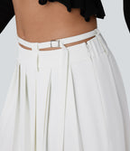 Mid Rise Belted Asymmetric Pleated Mini Casual Skirt