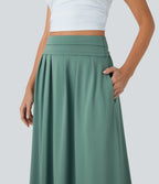 Socinched High Waisted Tummy Control Flare Maxi Casual Skirt with Pockets