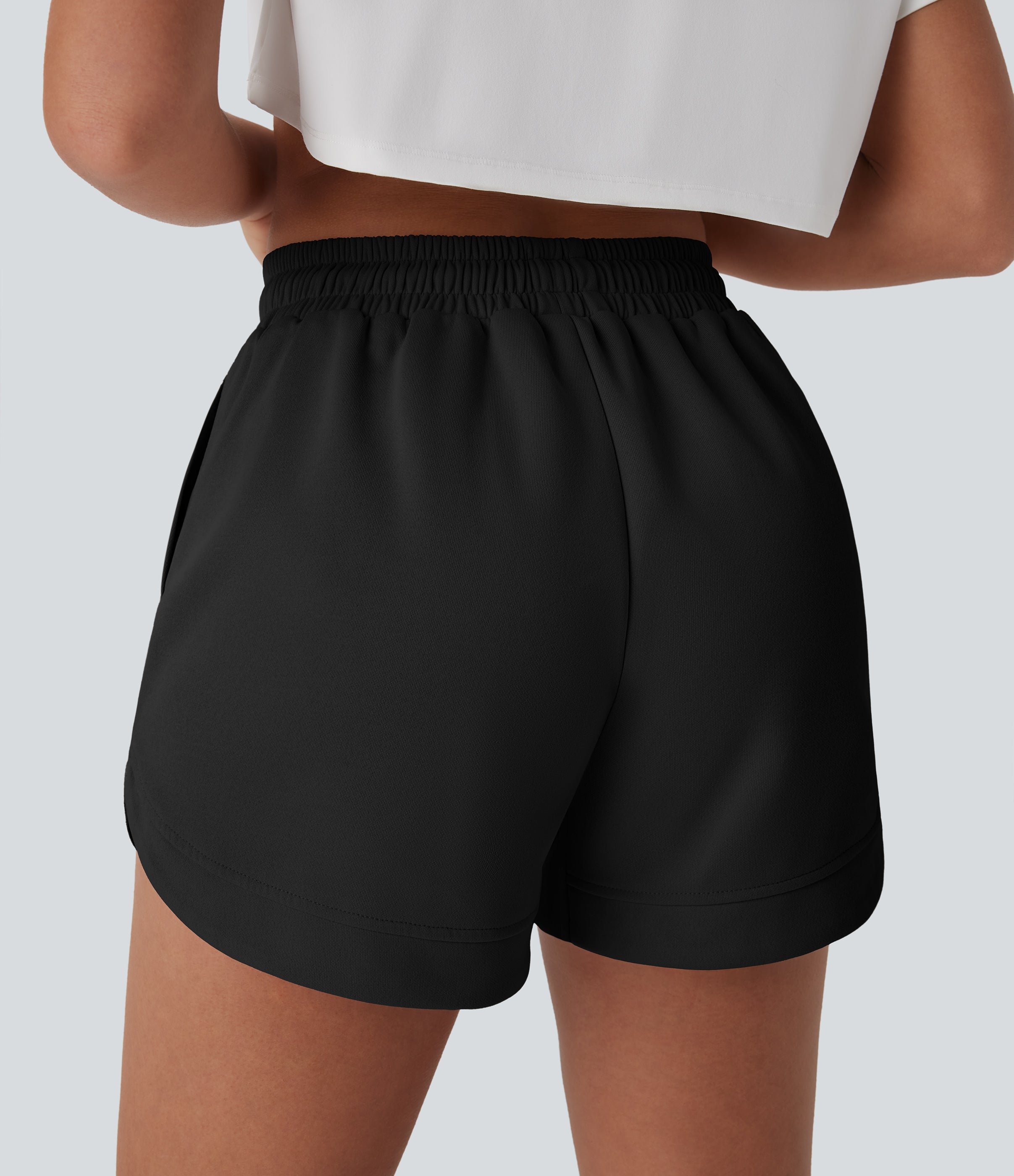 High Waisted Drawstring Contrast Mesh Curved Hem Yoga Shorts with Pockets