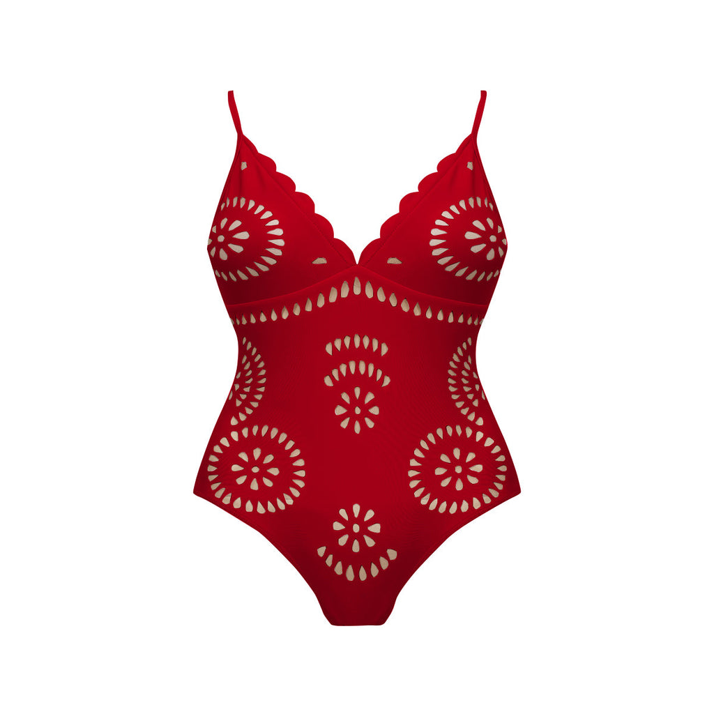 Red Scalloped Hollow Sexy One-Piece Swimsuit&Skirt